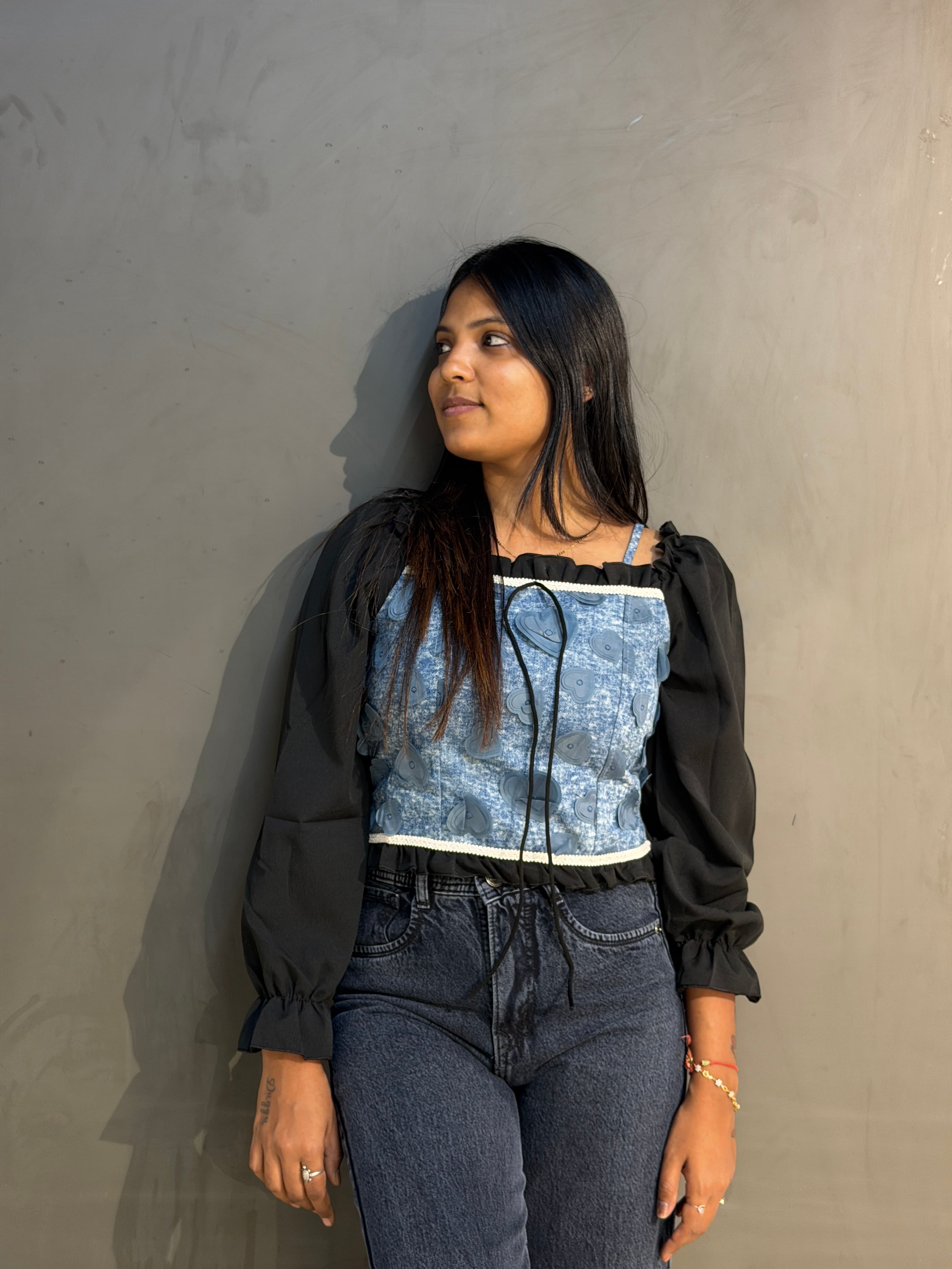 Denim Heart Puff Sleeve Corset Top
