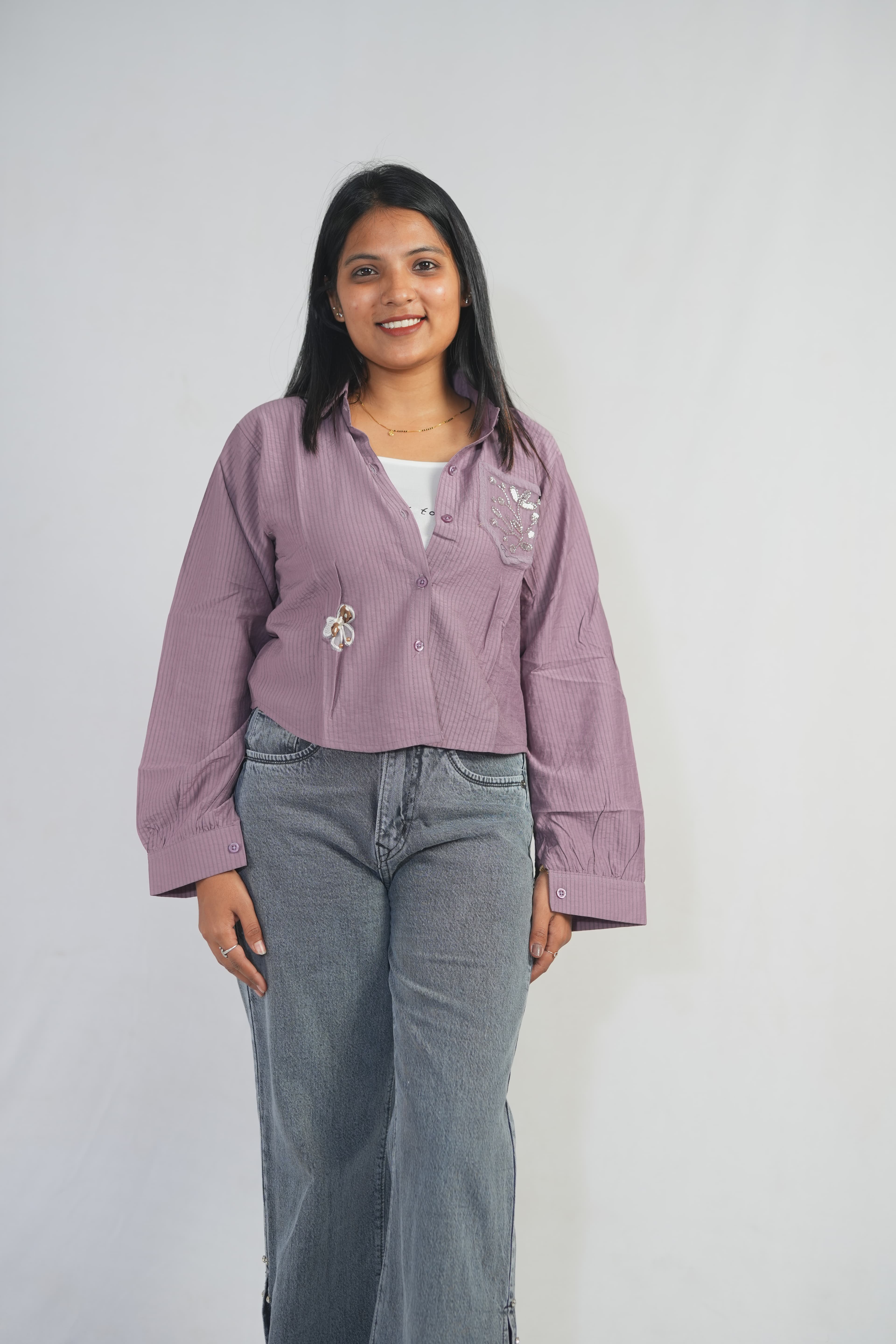 Lavender Embroidered Crop Shirt with Inner