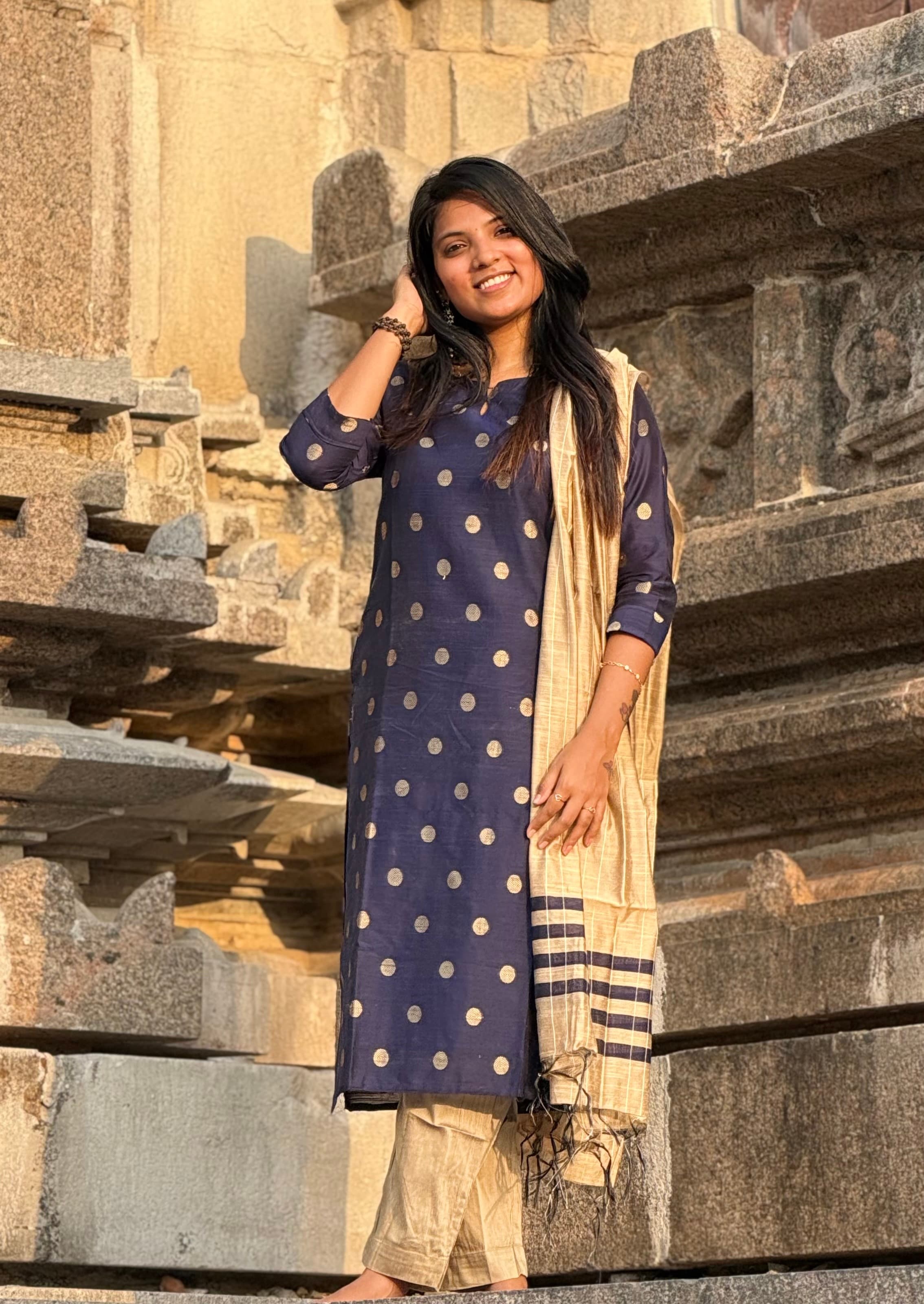 Women Navy Blue With Beige Traditional Kurta Set With Dupatta